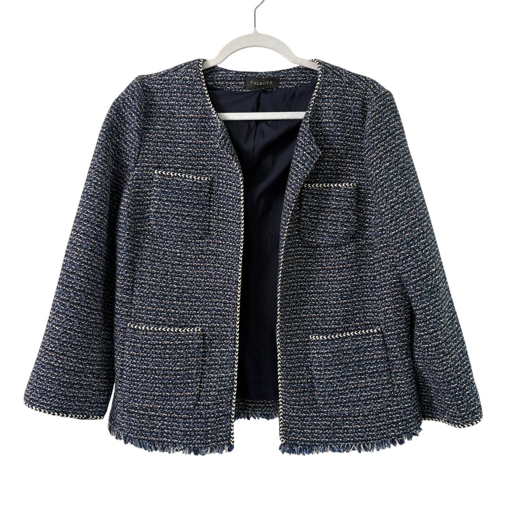 Talbots Tweed Blazer Women 10 Blue Fringed Open Front Cotton Blend Preppy Jacket